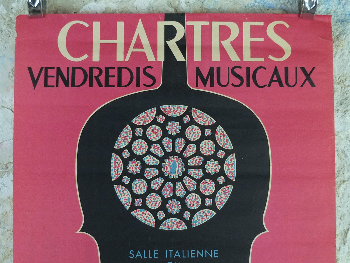 1953 Chartres Musical Fridays Poster, Vendredis Musicaux, by Paul Chonneaux, Cello outline, Paris, music wall art decor