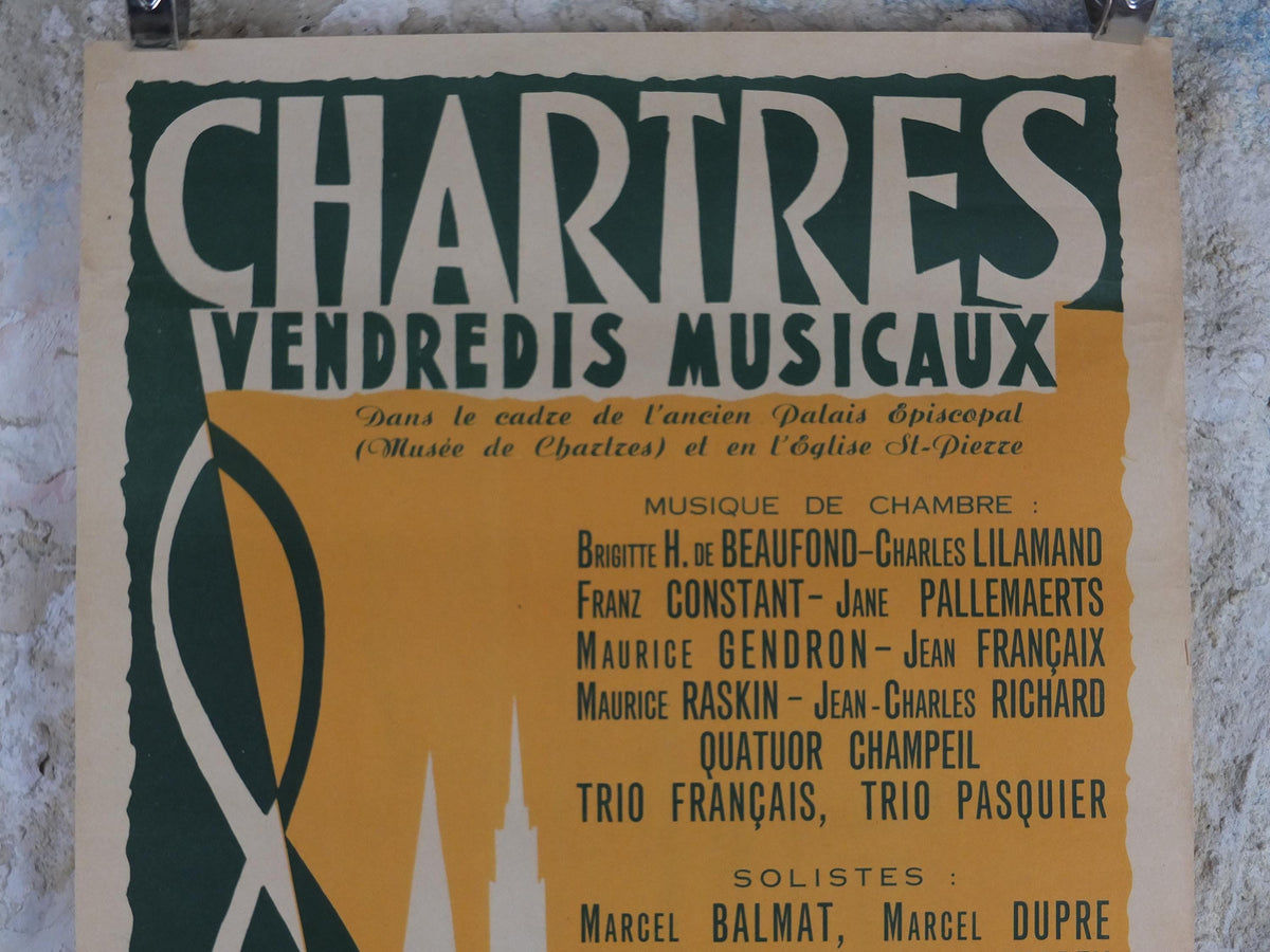 1952 Chartres Musical Fridays Poster, Vendredis Musicaux, by Jean Elette, Treble Clef, Paris, music wall art decor
