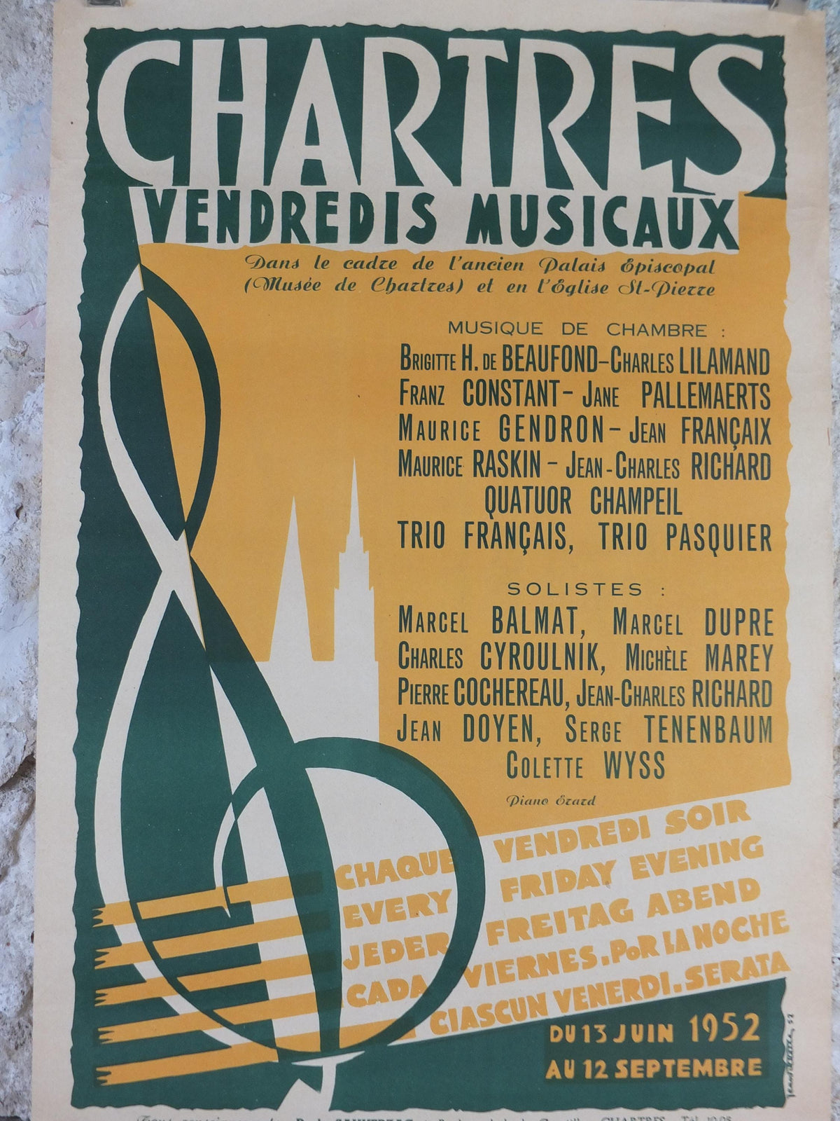 1952 Chartres Musical Fridays Poster, Vendredis Musicaux, by Jean Elette, Treble Clef, Paris, music wall art decor