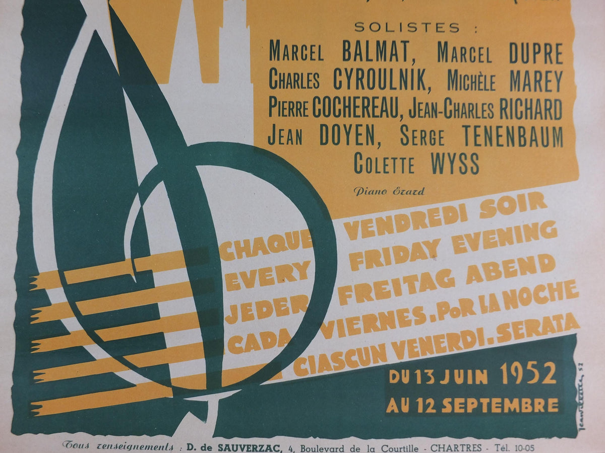 1952 Chartres Musical Fridays Poster, Vendredis Musicaux, by Jean Elette, Treble Clef, Paris, music wall art decor