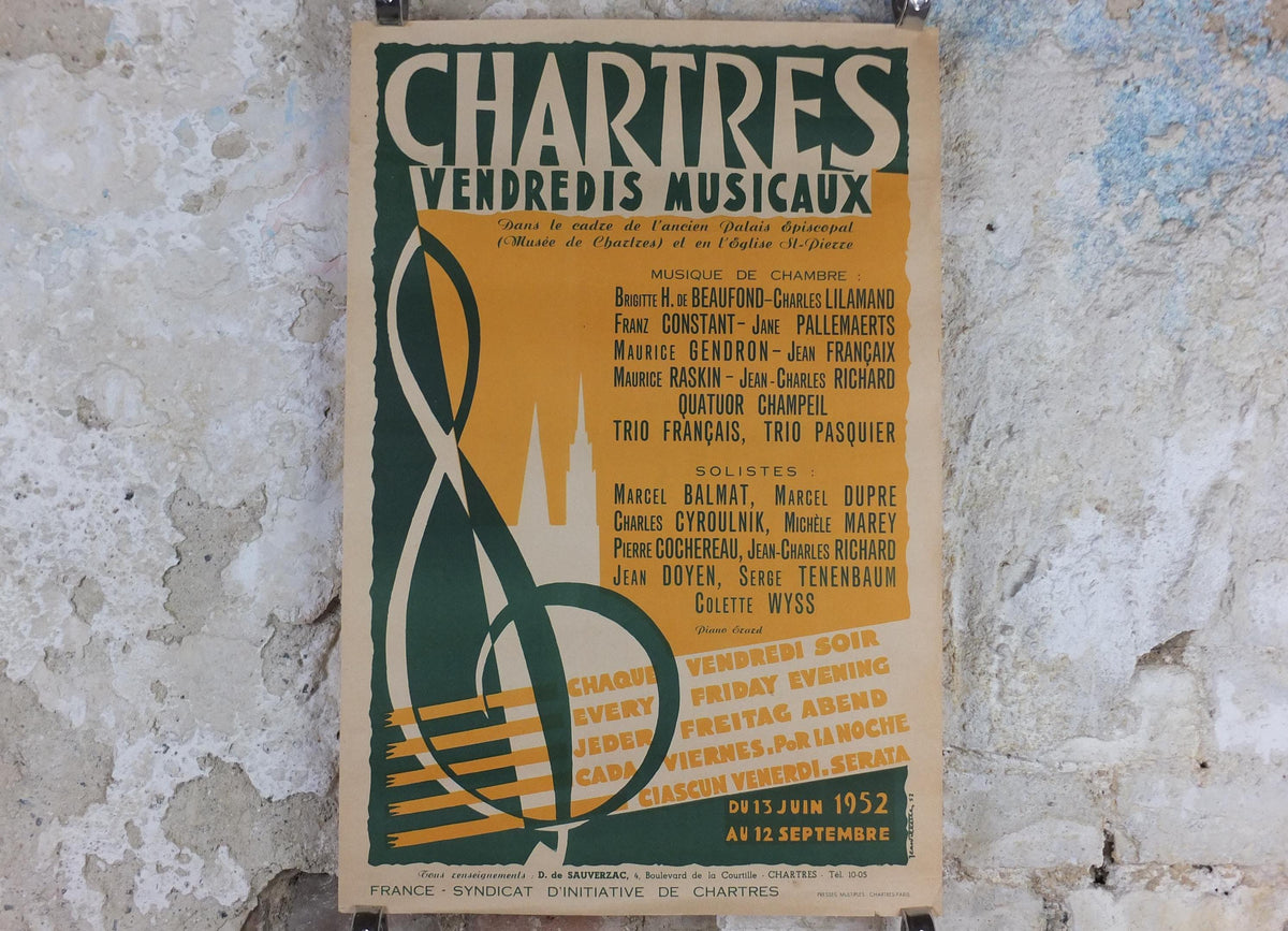 1952 Chartres Musical Fridays Poster, Vendredis Musicaux, by Jean Elette, Treble Clef, Paris, music wall art decor