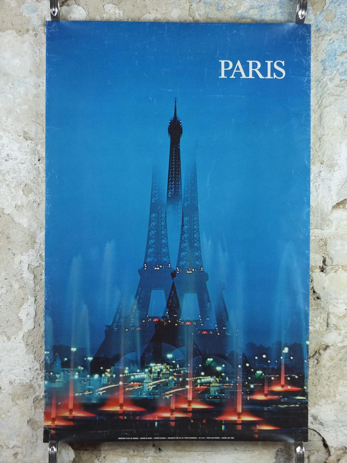 1978 Eiffel Tower Paris Poster, Paris by Night, Lights and Fountains, France travel wall art decor