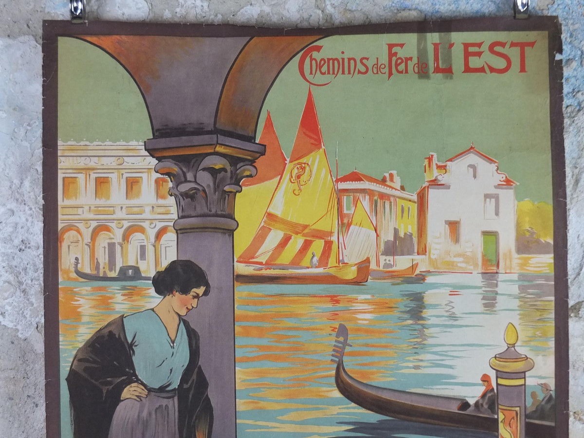 1920s Venice Poster, Chemins de fer de l'est Venezia, by E Louis Lessieux, Lotschberg, St Gothard, Hachard, gondolas, travel wall art decor