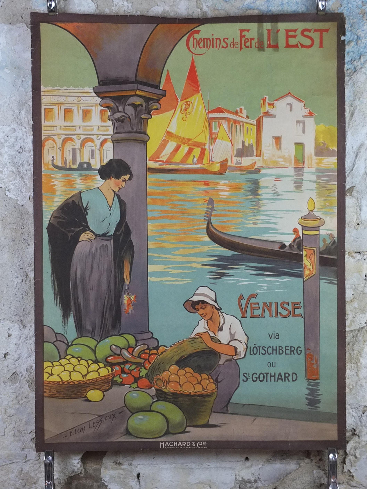 1920s Venice Poster, Chemins de fer de l'est Venezia, by E Louis Lessieux, Lotschberg, St Gothard, Hachard, gondolas, travel wall art decor