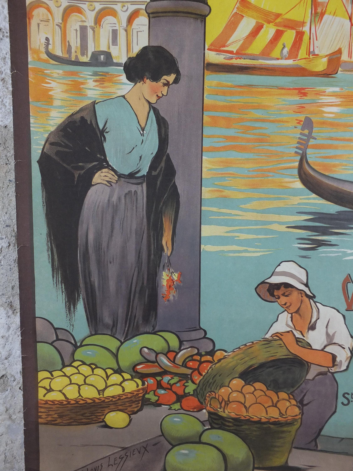 1920s Venice Poster, Chemins de fer de l'est Venezia, by E Louis Lessieux, Lotschberg, St Gothard, Hachard, gondolas, travel wall art decor