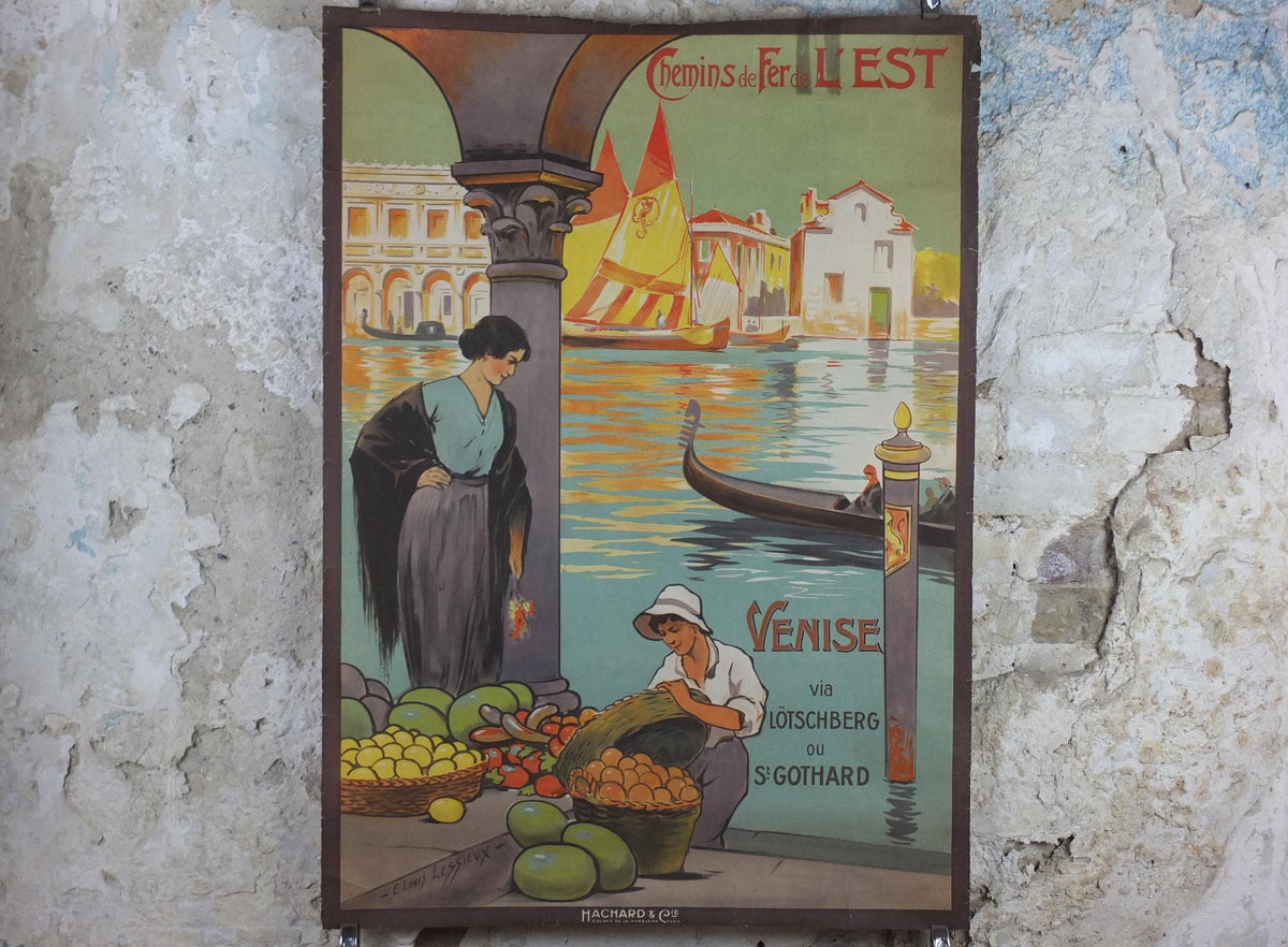 1920s Venice Poster, Chemins de fer de l'est Venezia, by E Louis Lessieux, Lotschberg, St Gothard, Hachard, gondolas, travel wall art decor