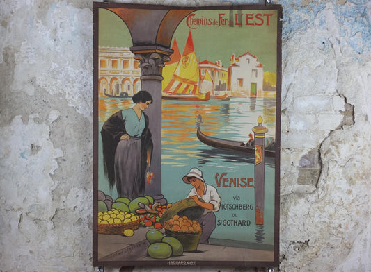 1920s Venice Poster, Chemins de fer de l'est Venezia, by E Louis Lessieux, Lotschberg, St Gothard, Hachard, gondolas, travel wall art decor