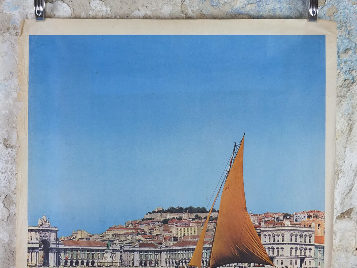 1960s Lisbon Travel Poster, Praça do Comércio, Lisboa, Portugal, Tagus River Boat, Portuguese travel wall art decor