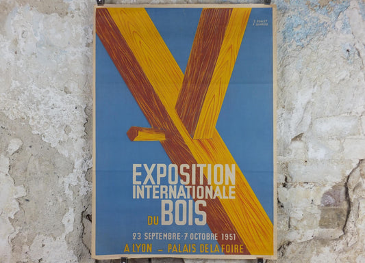 1951 International Wood Exhibition Poster, Exposition Internationale du Bois, by Poncet & Barnier, Lyon, Palais de la Foire, wall art decor