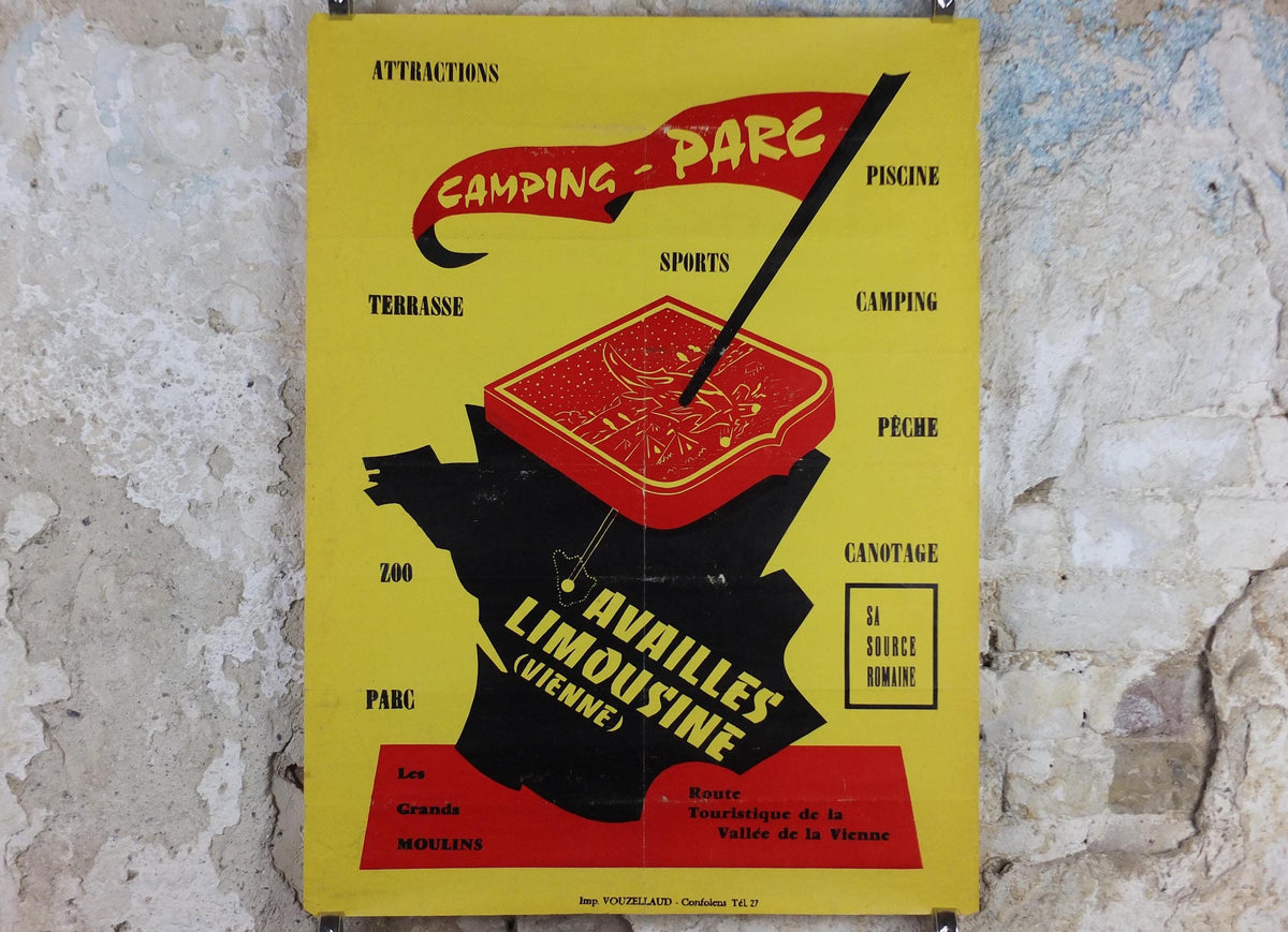 1950s Camping Parc Poster, Availles Limousine on the Vienne River, Outdoor activities in France, travel wall art decor