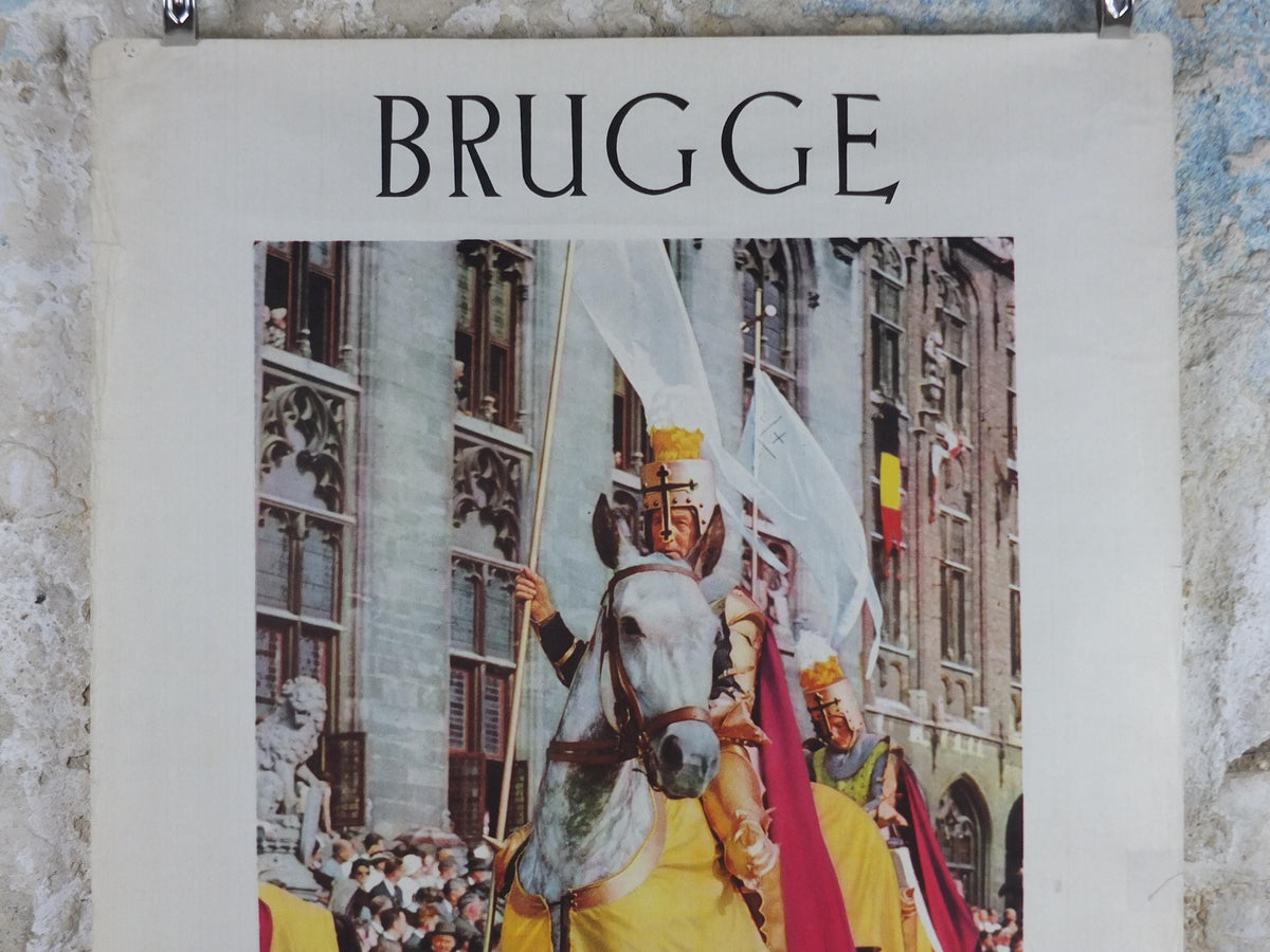 1960 Belgium Travel Poster, Bruges, Brugge, A mounted knight in the Procession of the Golden Tree, Belgique Flanders, travel wall art decor