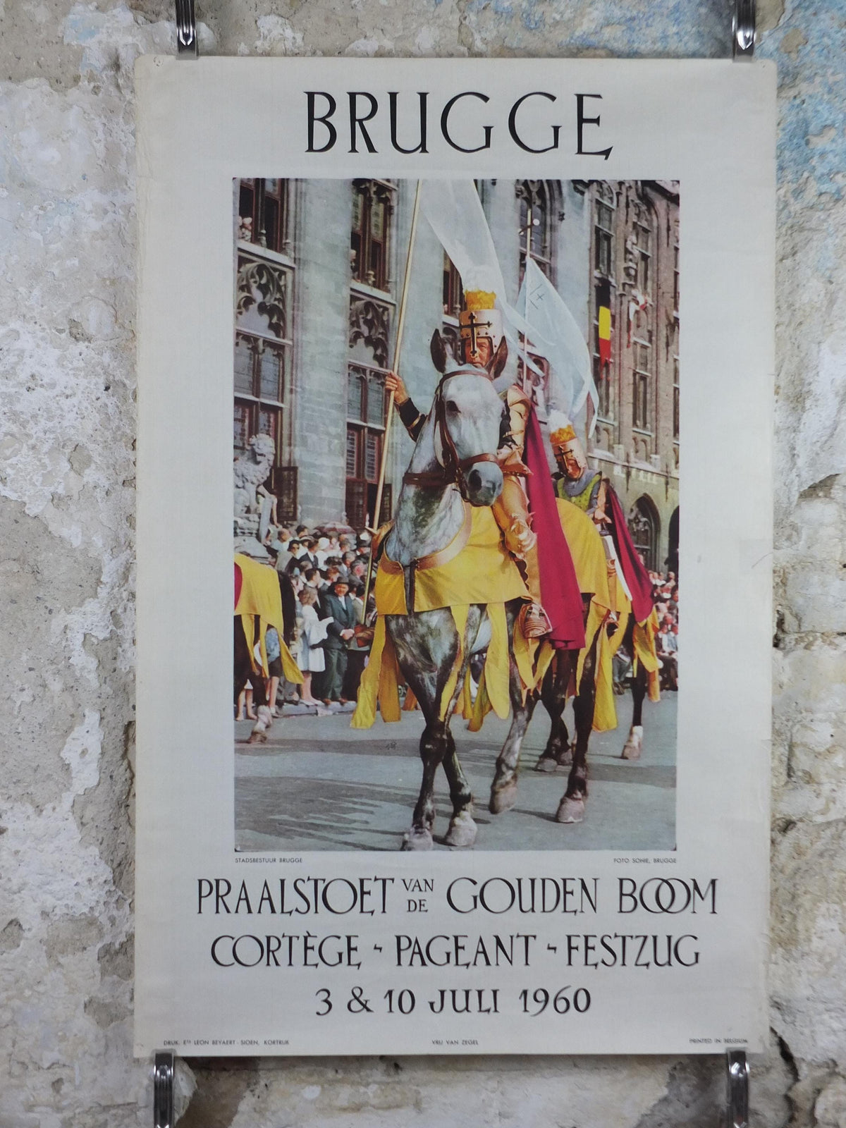 1960 Belgium Travel Poster, Bruges, Brugge, A mounted knight in the Procession of the Golden Tree, Belgique Flanders, travel wall art decor