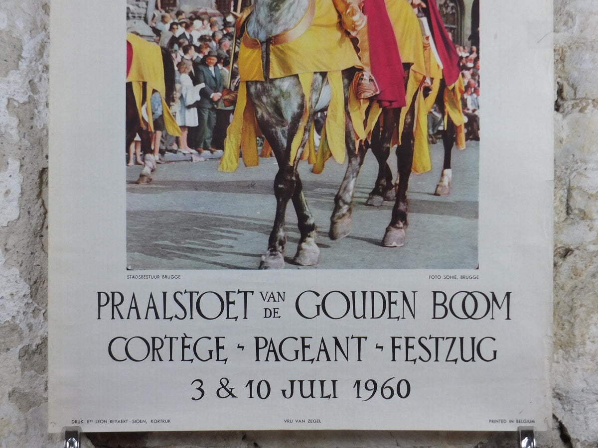 1960 Belgium Travel Poster, Bruges, Brugge, A mounted knight in the Procession of the Golden Tree, Belgique Flanders, travel wall art decor