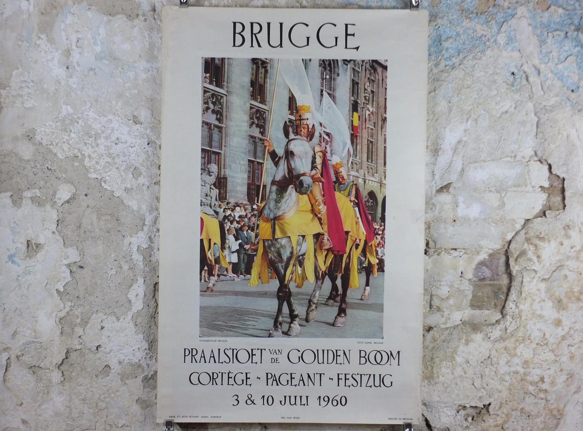 1960 Belgium Travel Poster, Bruges, Brugge, A mounted knight in the Procession of the Golden Tree, Belgique Flanders, travel wall art decor