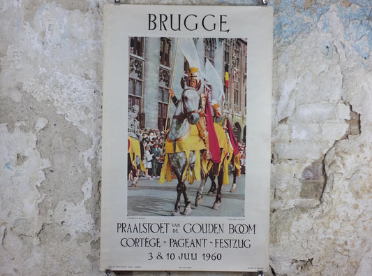 1960 Belgium Travel Poster, Bruges, Brugge, A mounted knight in the Procession of the Golden Tree, Belgique Flanders, travel wall art decor