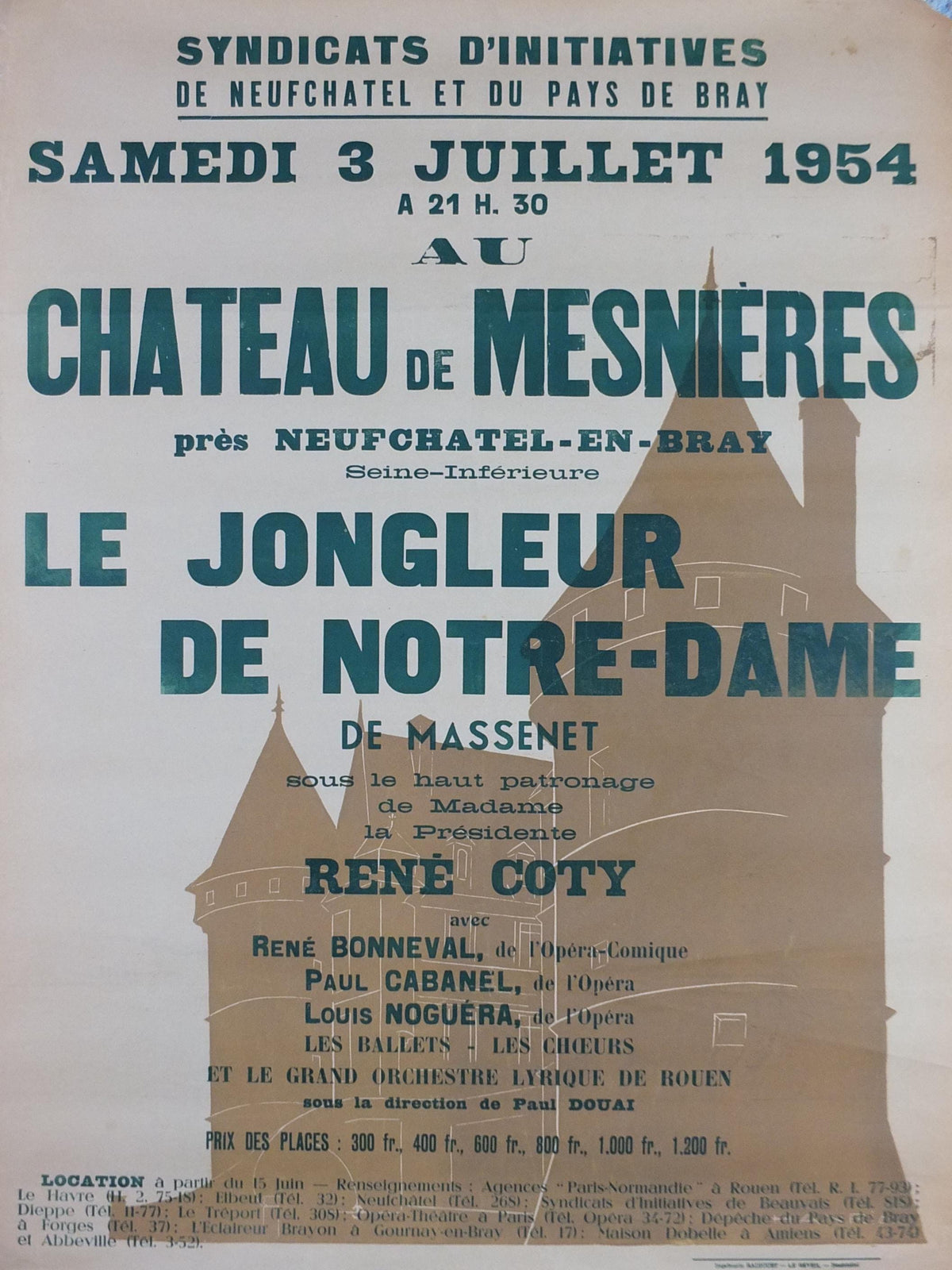 1954 Neufchatel and Pays du Bray Poster, Chateau de Mesnieres, Le Jongleur de Notre Dame, Opera, Music, Normandy French, wall art decor