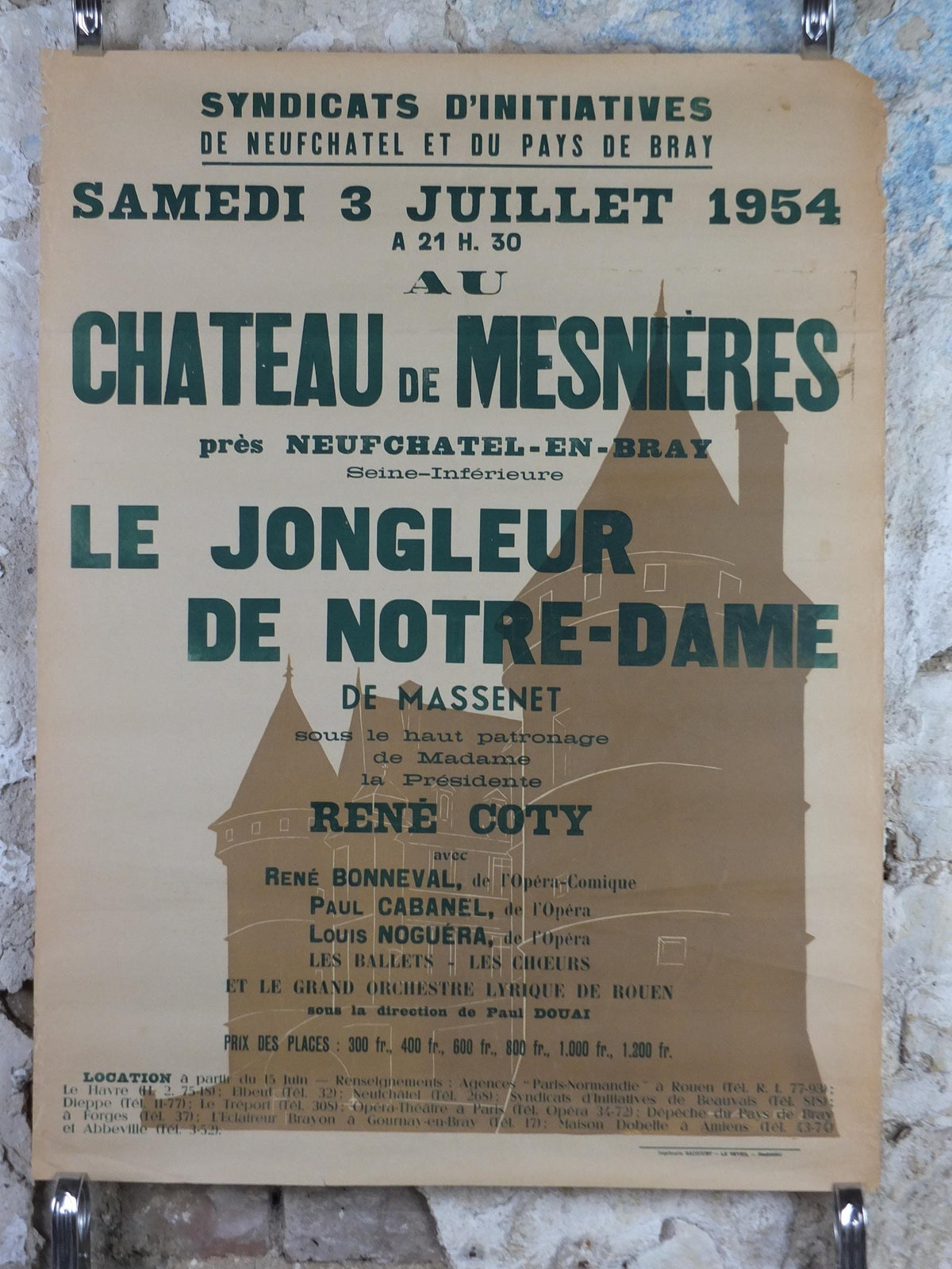 1954 Neufchatel and Pays du Bray Poster, Chateau de Mesnieres, Le Jongleur de Notre Dame, Opera, Music, French travel wall art decor