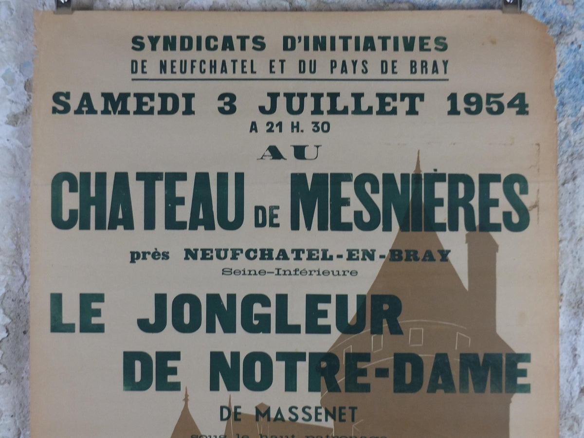 1954 Neufchatel and Pays du Bray Poster, Chateau de Mesnieres, Le Jongleur de Notre Dame, Opera, Music, Normandy French, wall art decor