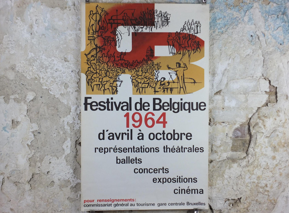 1964 Belgium Festival Poster, Festival de Belgique, FB, arts, theatre, ballet, concerts, exhibitions, cinema, classical music wall art decor