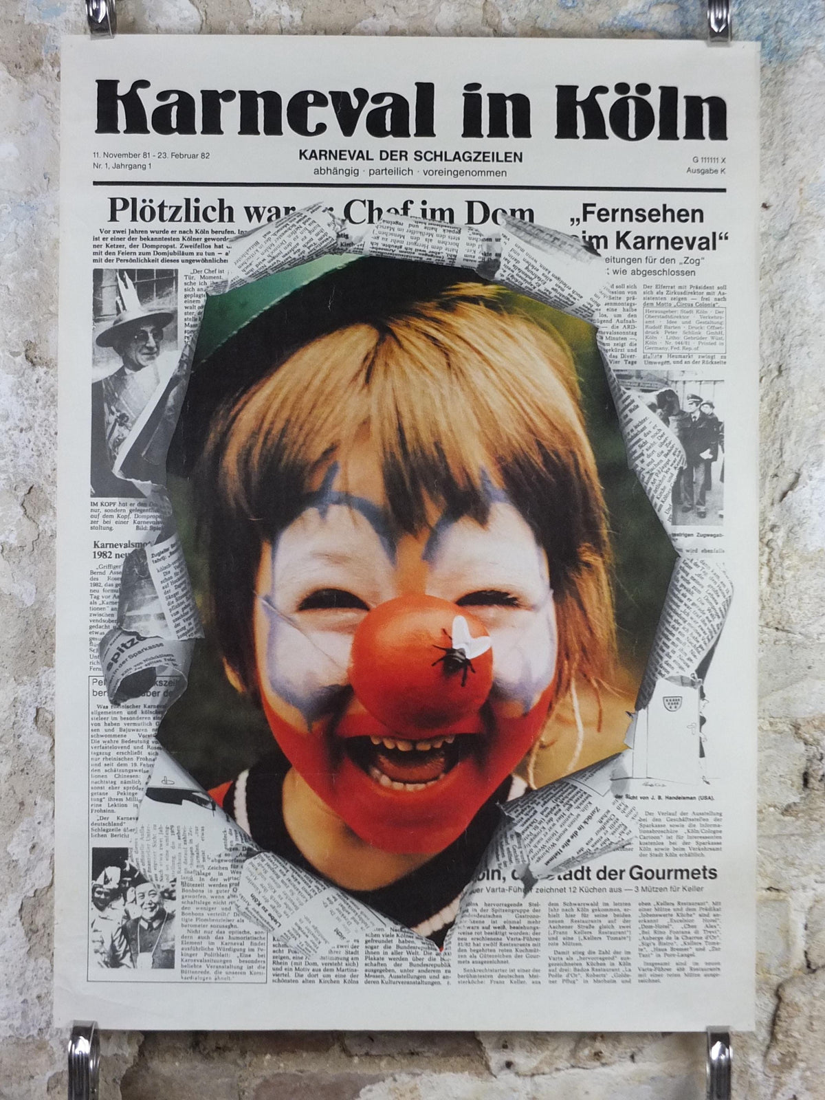 1982 Koln Karneval Poster, Clown in Carnival, Red Nose, Cologne, Germany, Newspaper, Deutschland plakat, travel wall art decor
