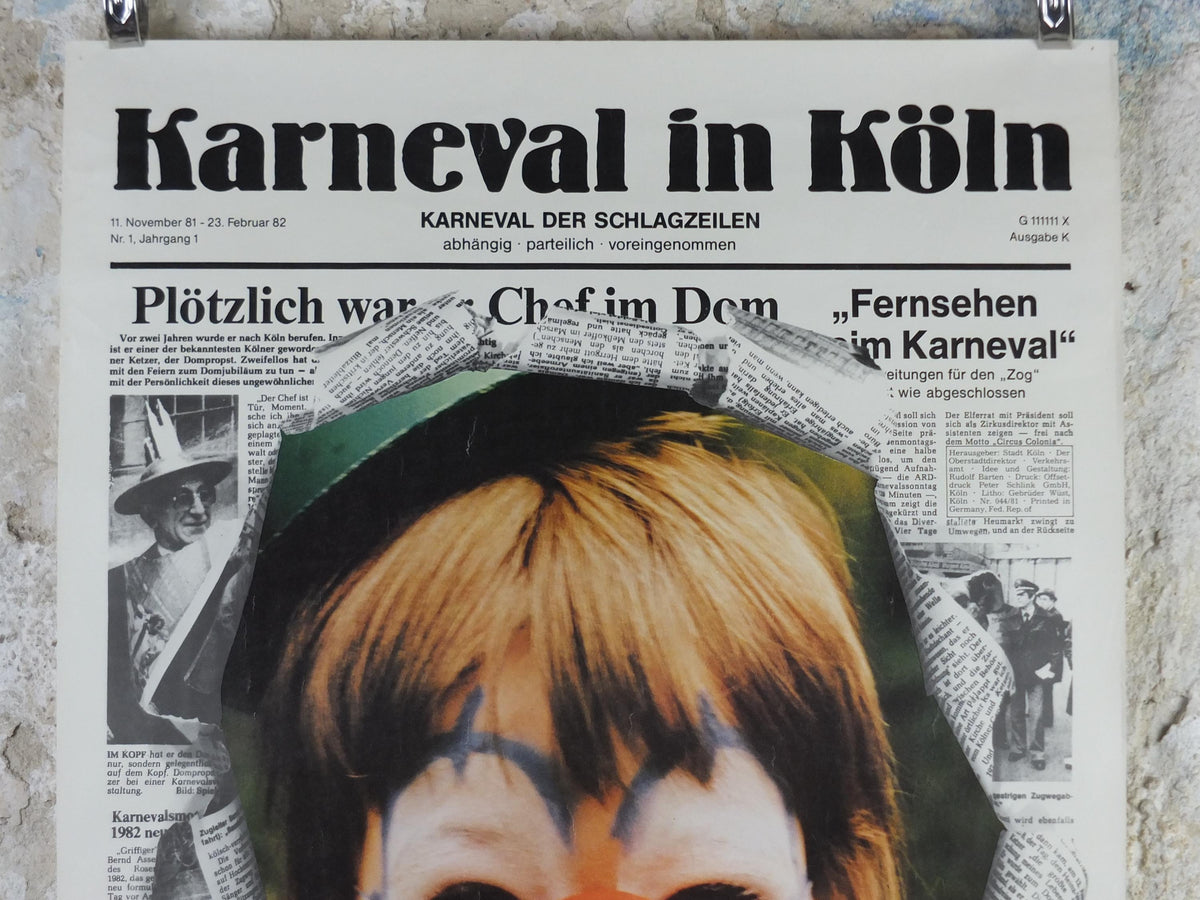 1982 Koln Karneval Poster, Clown in Carnival, Red Nose, Cologne, Germany, Newspaper, Deutschland plakat, travel wall art decor