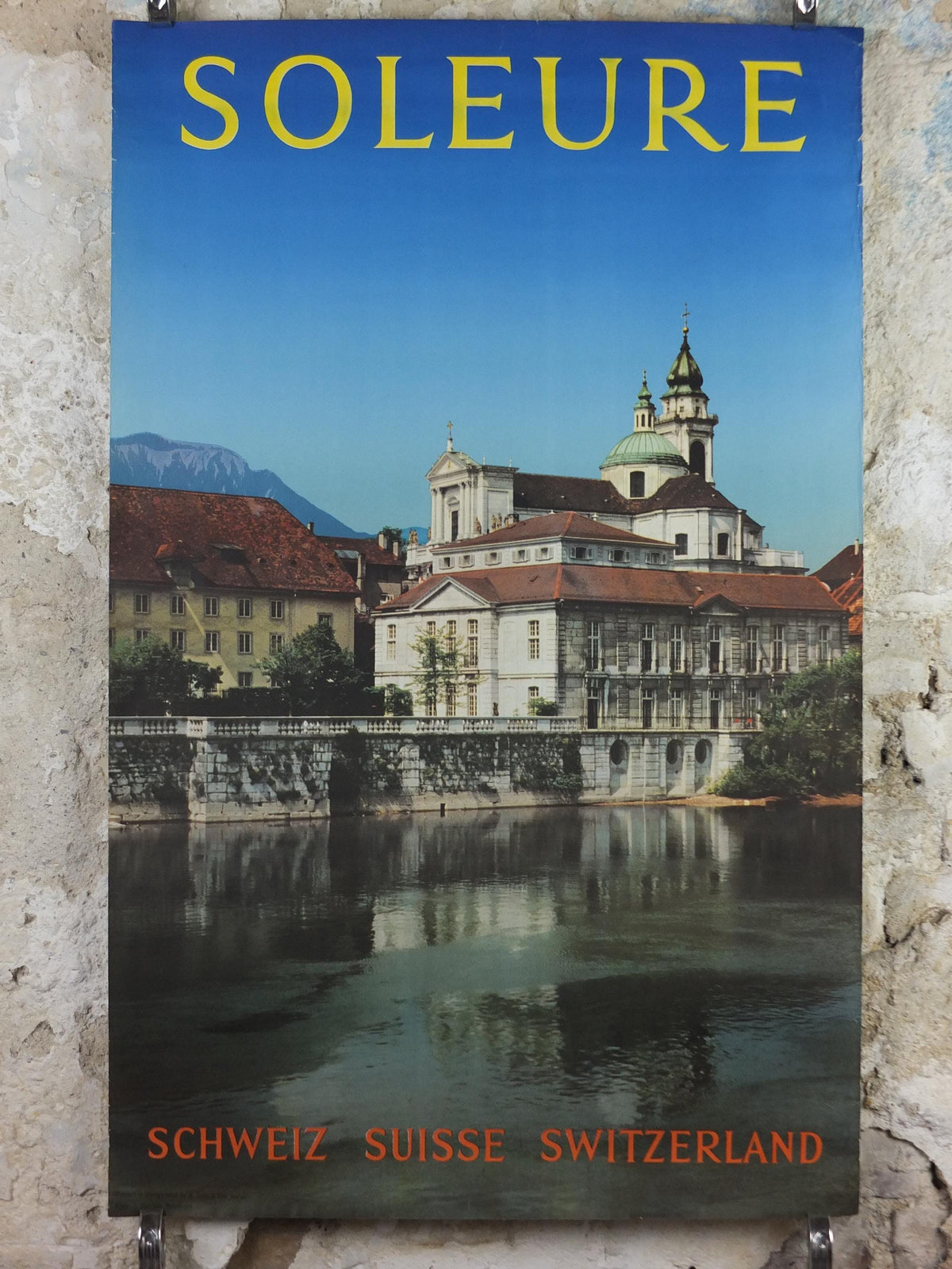 1960s Solothurn Poster, Soleure Switzerland, Cathedral of Saint Ursus on the River Aare, Suisse Schweiz Travel poster, wall art decor