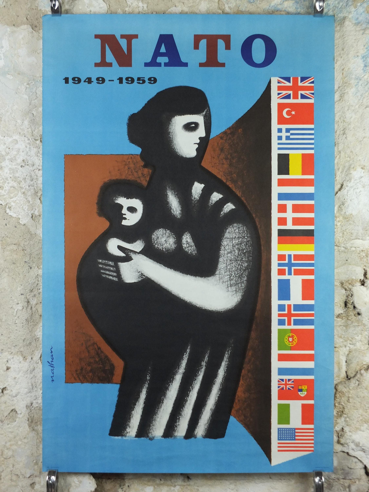 1959 NATO Poster, Wall of Flags protects Mother and Child in the West, 10 year anniversary 1949 - 1959, Political Propaganda, wall art decor