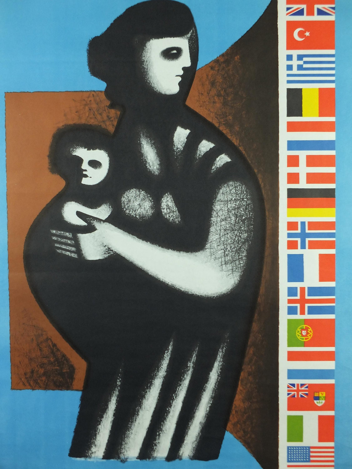 1959 NATO Poster, Wall of Flags protects Mother and Child in the West, 10 year anniversary 1949 - 1959, Political Propaganda, wall art decor
