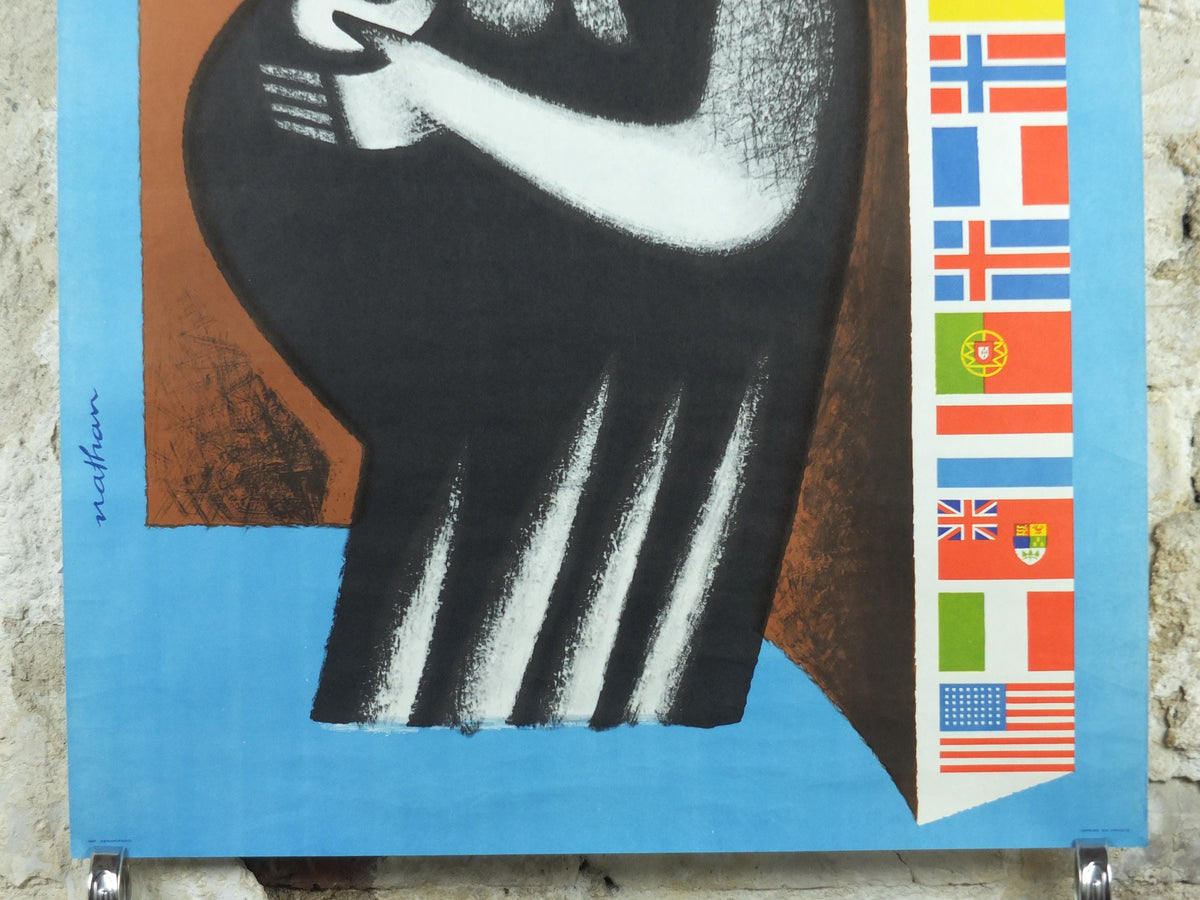 1959 NATO Poster, Wall of Flags protects Mother and Child in the West, 10 year anniversary 1949 - 1959, Political Propaganda, wall art decor