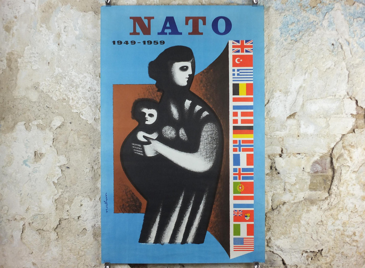 1959 NATO Poster, Wall of Flags protects Mother and Child in the West, 10 year anniversary 1949 - 1959, Political Propaganda, wall art decor