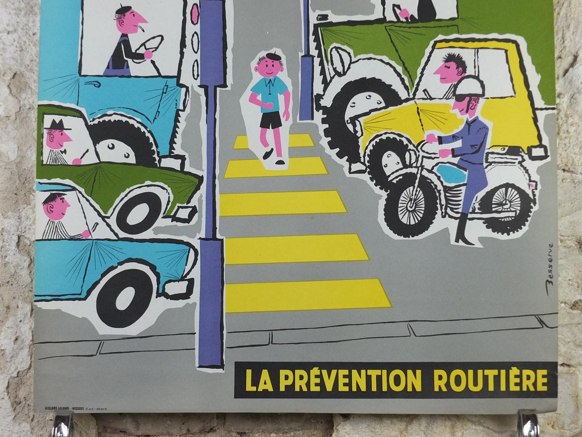 1960s French road safety poster, Road Zebra Crossing, by Besserve, industrial, pedestrian dangers, retro wall art decor