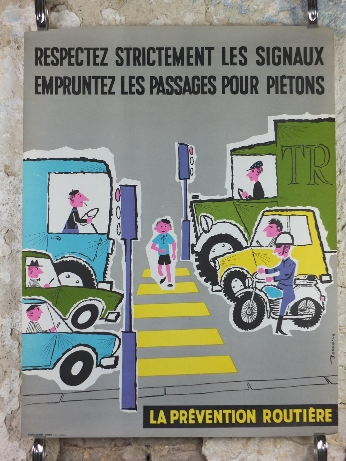 1960s French road safety poster, Road Zebra Crossing, by Besserve, industrial, pedestrian dangers, retro wall art decor