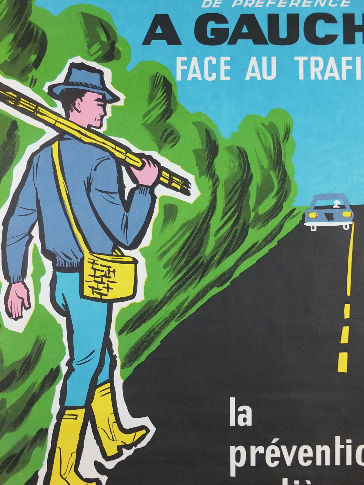 1960s French road safety poster, Walk on the Left facing Traffic, by Besserve, industrial, pedestrian dangers, retro wall art decor