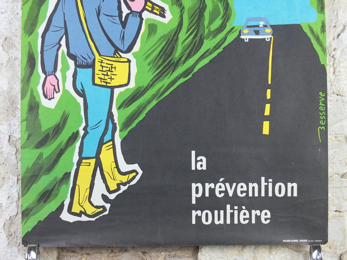 1960s French road safety poster, Walk on the Left facing Traffic, by Besserve, industrial, pedestrian dangers, retro wall art decor