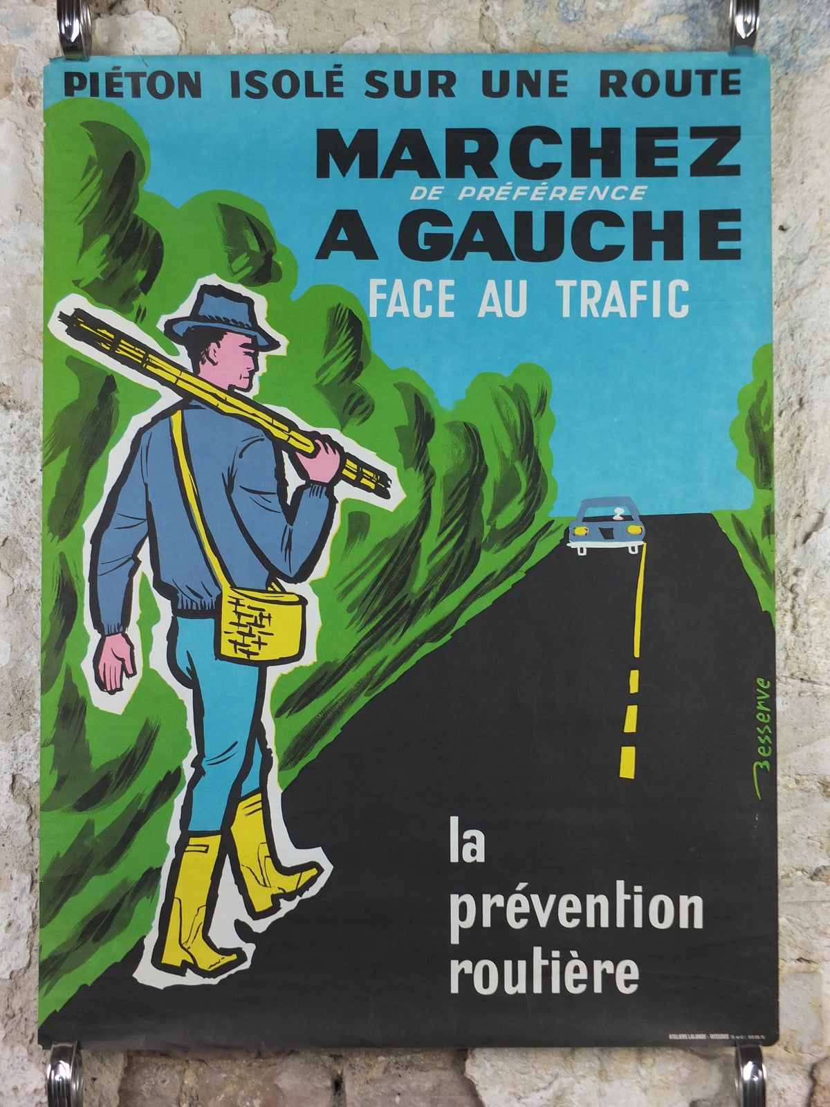 1960s French road safety poster, Walk on the Left facing Traffic, by Besserve, industrial, pedestrian dangers, retro wall art decor