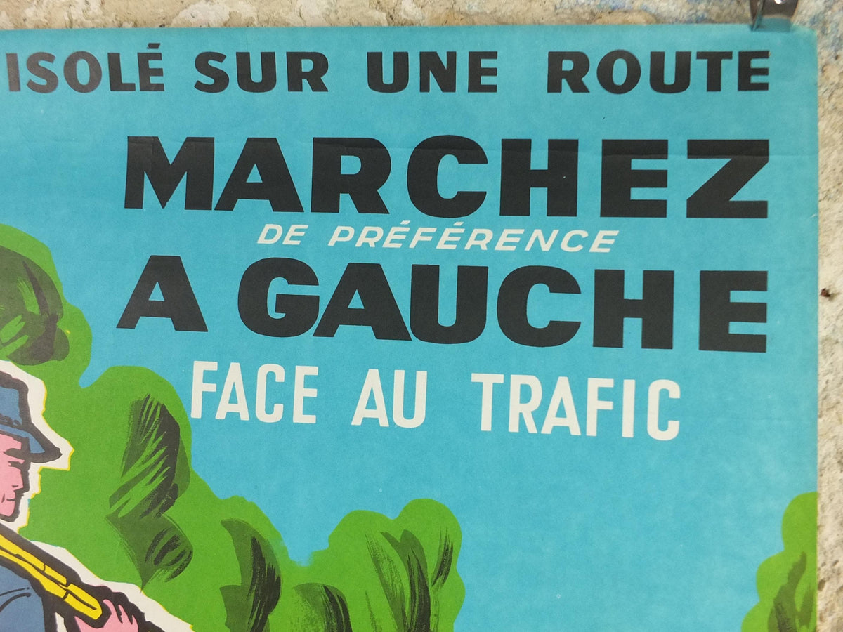 1960s French road safety poster, Walk on the Left facing Traffic, by Besserve, industrial, pedestrian dangers, retro wall art decor