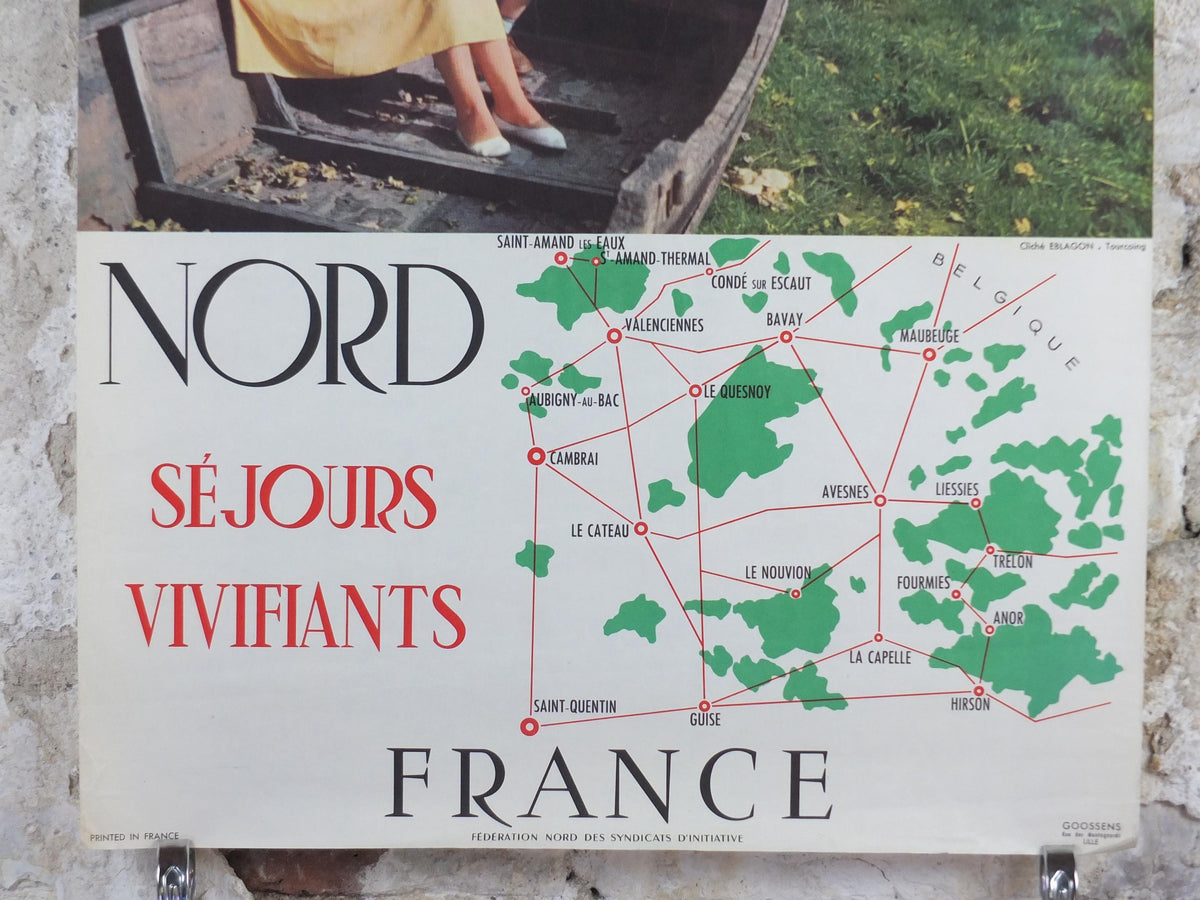 1950s France Travel Poster, Exciting stays in Picardy Northern France, Family boating, Sejours Vivifiants Nord France, travel wall art decor