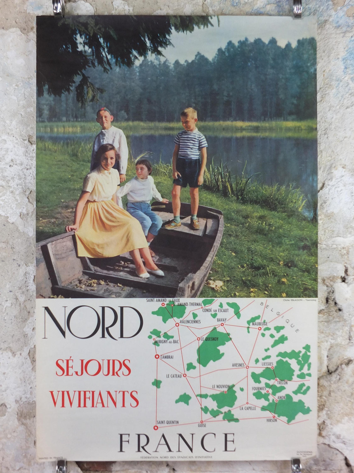 1950s France Travel Poster, Exciting stays in Northern France, Family boating outing, Sejours Vivifiants Nord France, travel wall art decor