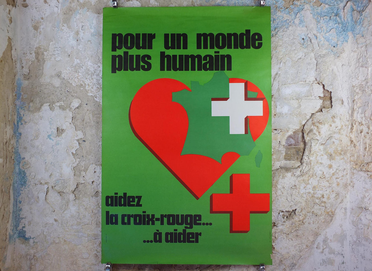 1978 Red Cross Poster, Pour un Monde plus Humain, Aidez la Croix Rouge, 150th anniversary of International Red Cross, humanitarian aid