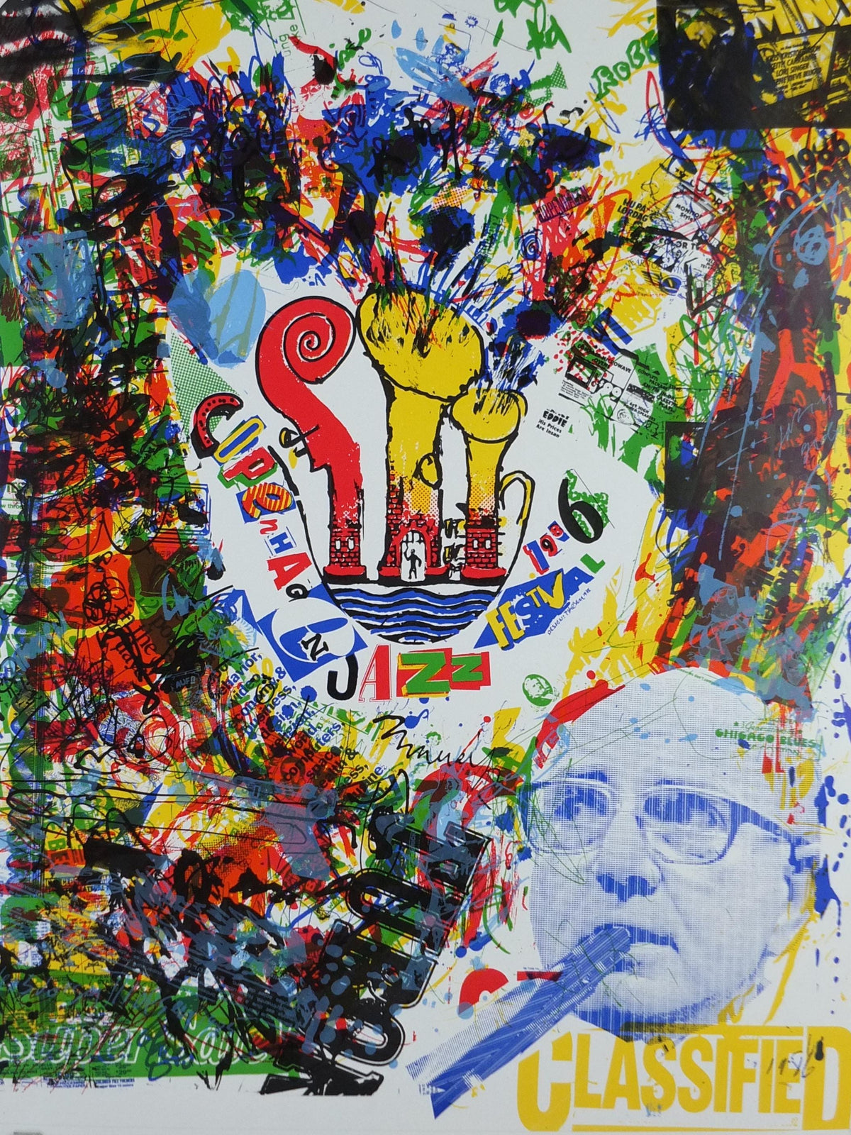 1986 Copenhagen Jazz Festival Poster, lots of messy busy energy, by Jens Jørgen Thorsen, Denmark, music, wall art decor