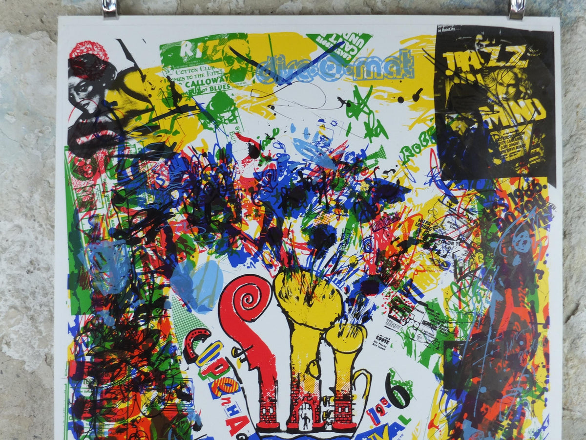1986 Copenhagen Jazz Festival Poster, lots of messy busy energy, by Jens Jørgen Thorsen, Denmark, music, wall art decor