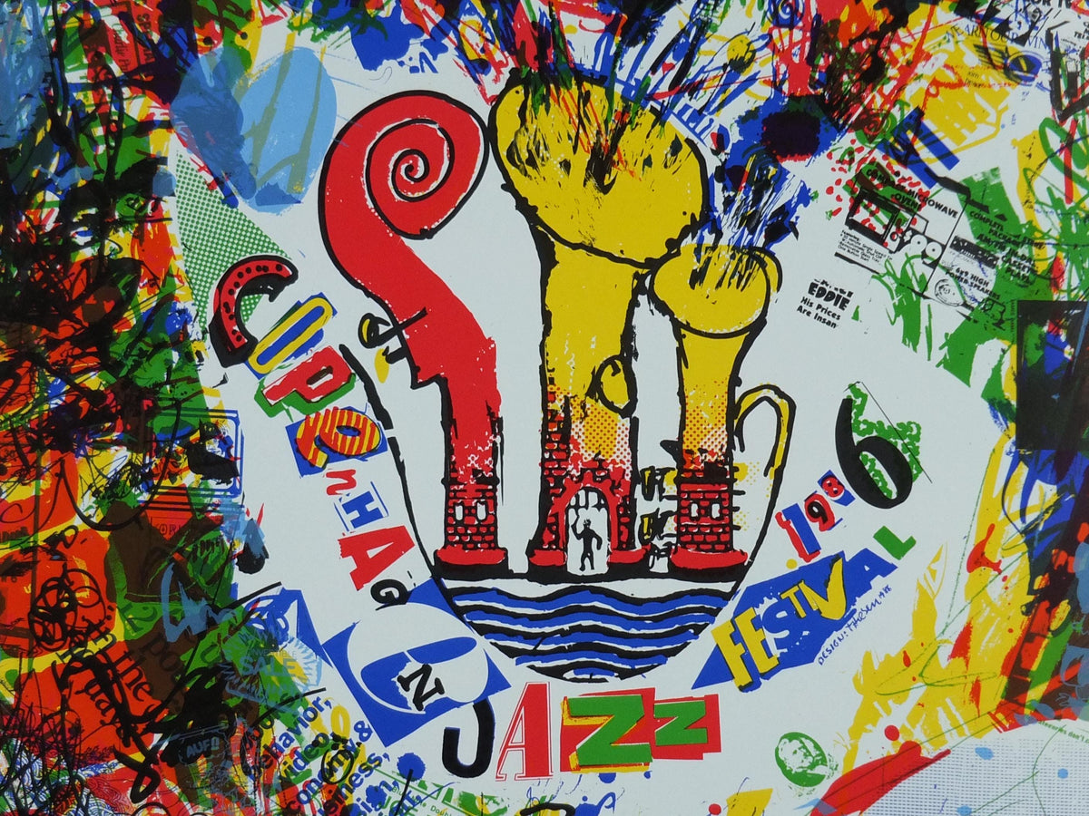 1986 Copenhagen Jazz Festival Poster, lots of messy busy energy, by Jens Jørgen Thorsen, Denmark, music, wall art decor