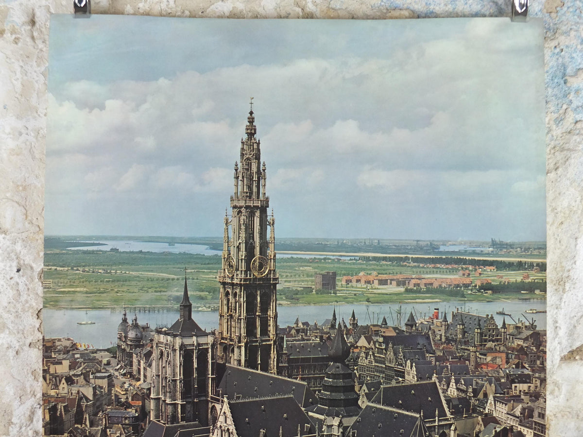 1950s Antwerp Travel Poster, Anvers Cathedral, The Church of Our Lady, De Onze-Lieve-Vrouwekerk, Belgique travel wall art decor