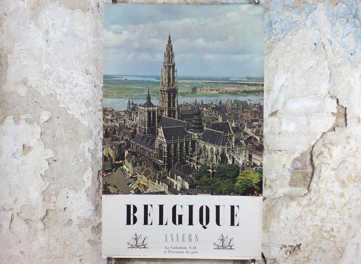 1950s Antwerp Travel Poster, Anvers Cathedral, The Church of Our Lady, De Onze-Lieve-Vrouwekerk, Belgique travel wall art decor