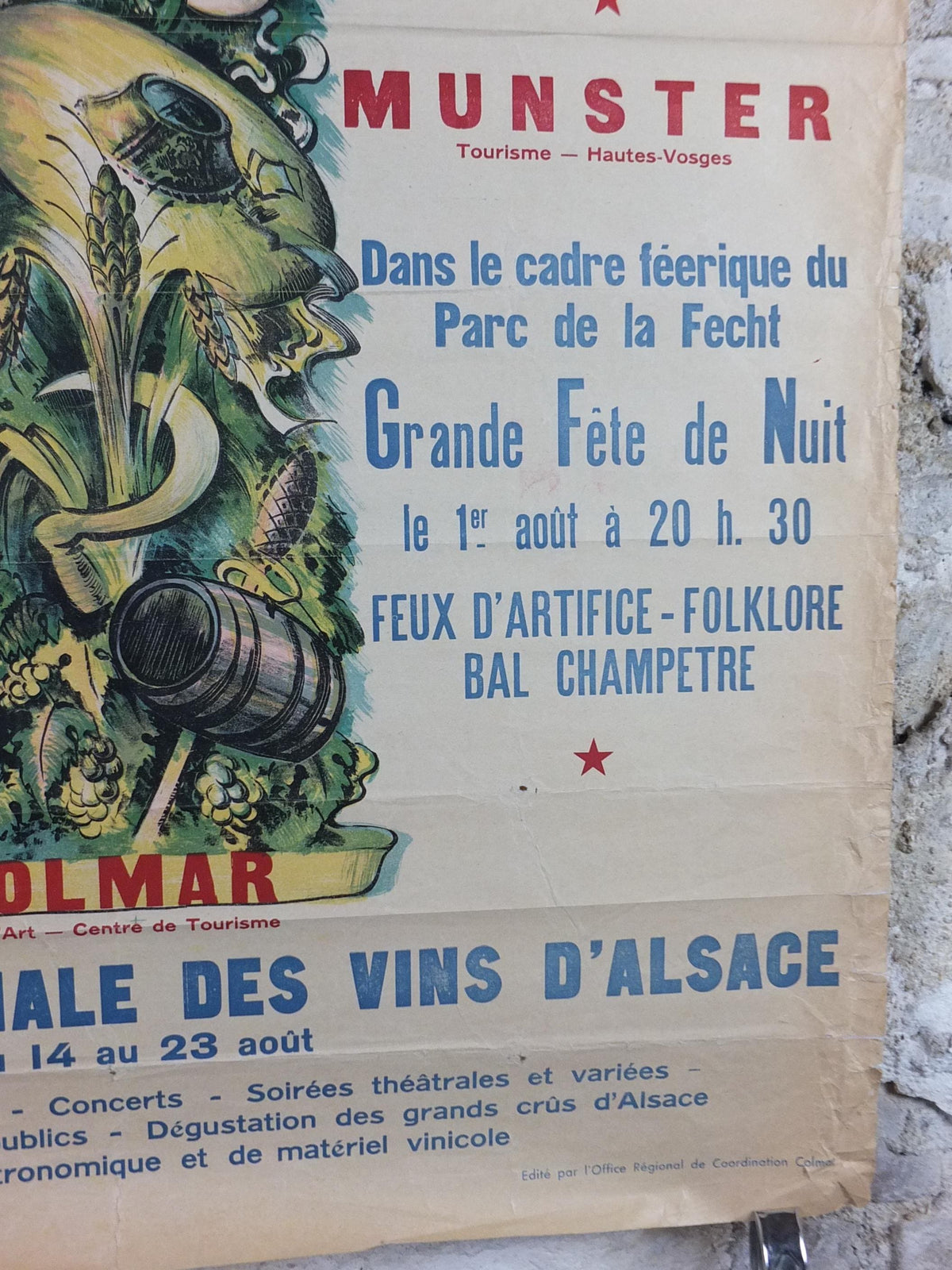 1953 Colmar Alsace Festival Poster, Vins d'Alsace Wines of Alsace Festivities in Selestat, Ribeauville, Guebwiller & Munster, wall art decor