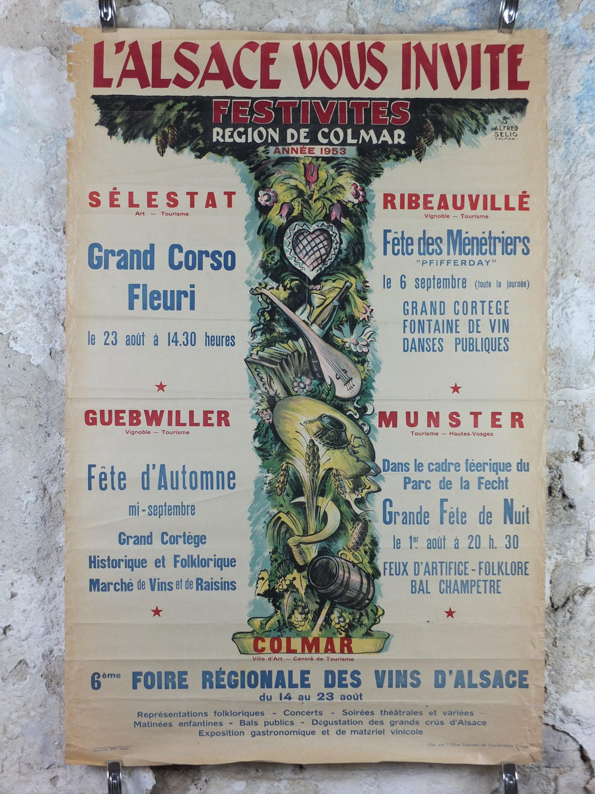 1953 Colmar Alsace Festival Poster, Vins d'Alsace Wines of Alsace Festivities in Selestat, Ribeauville, Guebwiller & Munster, wall art decor