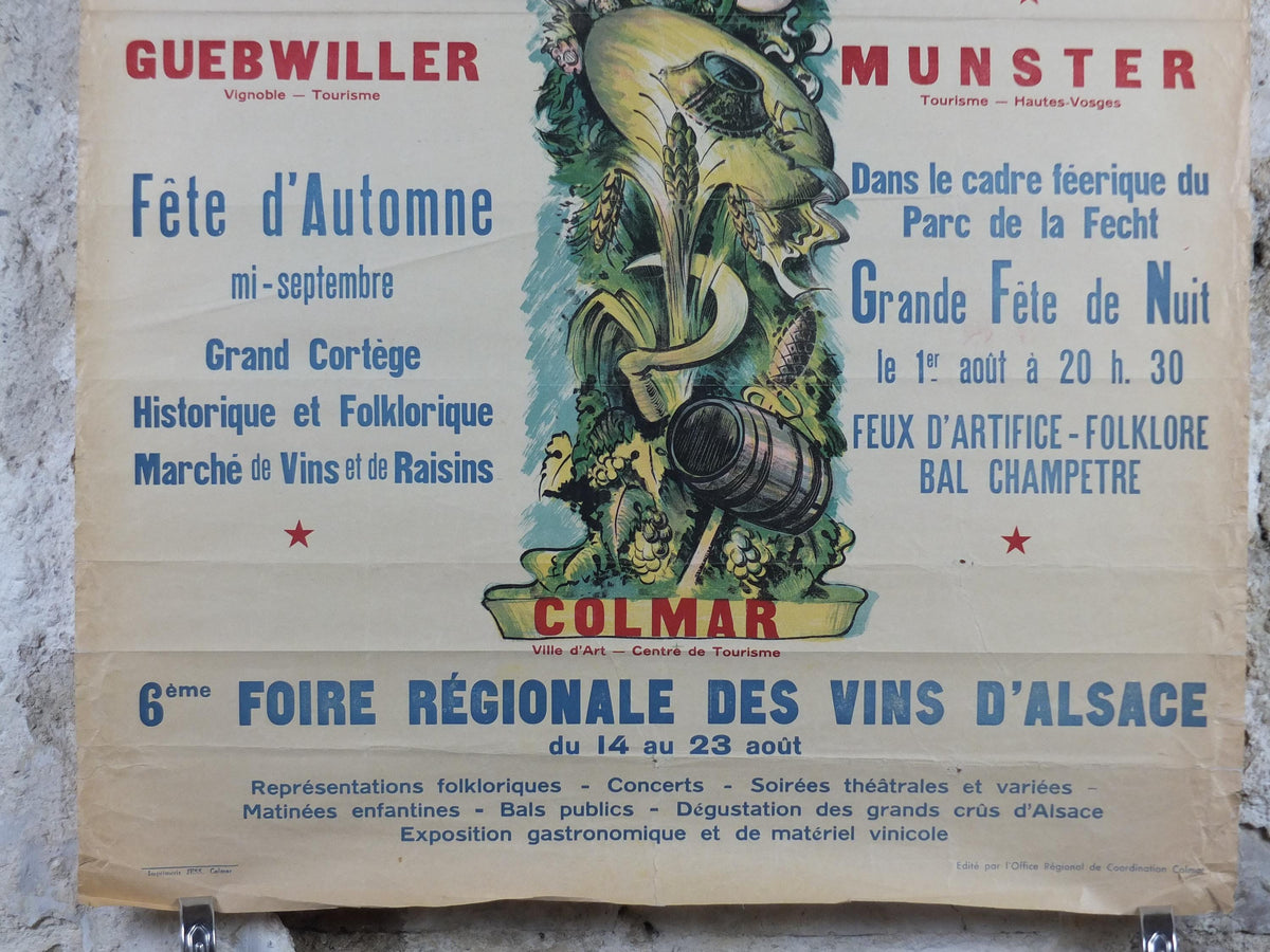 1953 Colmar Alsace Festival Poster, Vins d'Alsace Wines of Alsace Festivities in Selestat, Ribeauville, Guebwiller & Munster, wall art decor