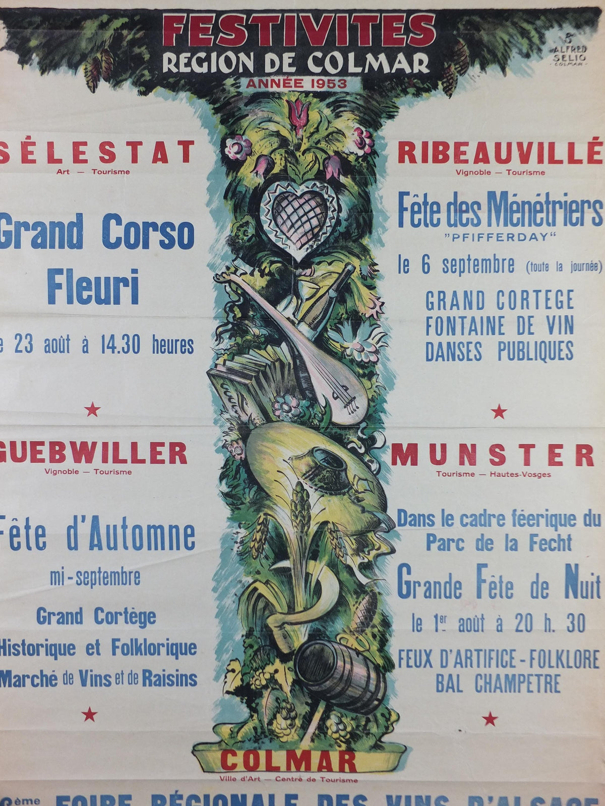 1953 Colmar Alsace Festival Poster, Vins d'Alsace Wines of Alsace Festivities in Selestat, Ribeauville, Guebwiller & Munster, wall art decor