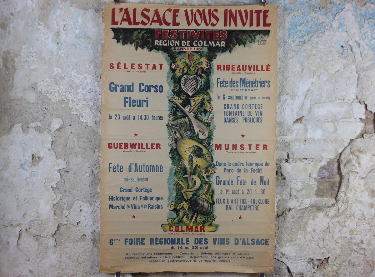1953 Colmar Alsace Festival Poster, Vins d'Alsace Wines of Alsace Festivities in Selestat, Ribeauville, Guebwiller & Munster, wall art decor