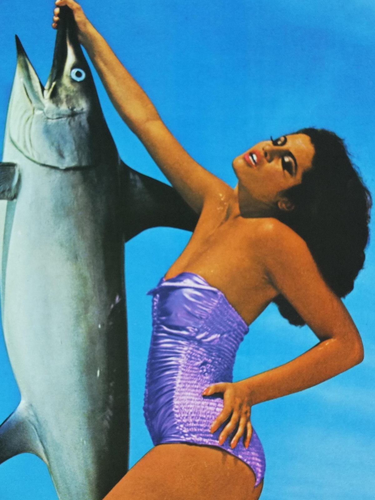 1979 Fiorucci Swordfish Poster, Italian fashion label, beautiful woman in purple swimsuit with swordfish, advertising retro wall art decor